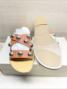 Marc Fisher Tan Leather Slide Sandals with Silver Dome Studs #250